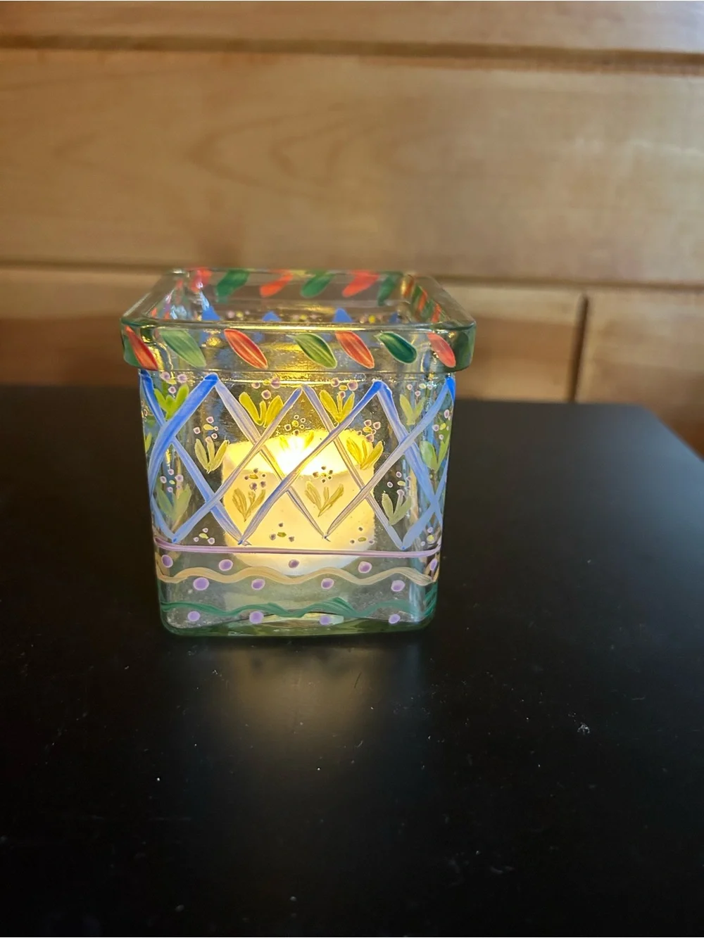 Hand-Painted Glass Votive Holder in Multicolor